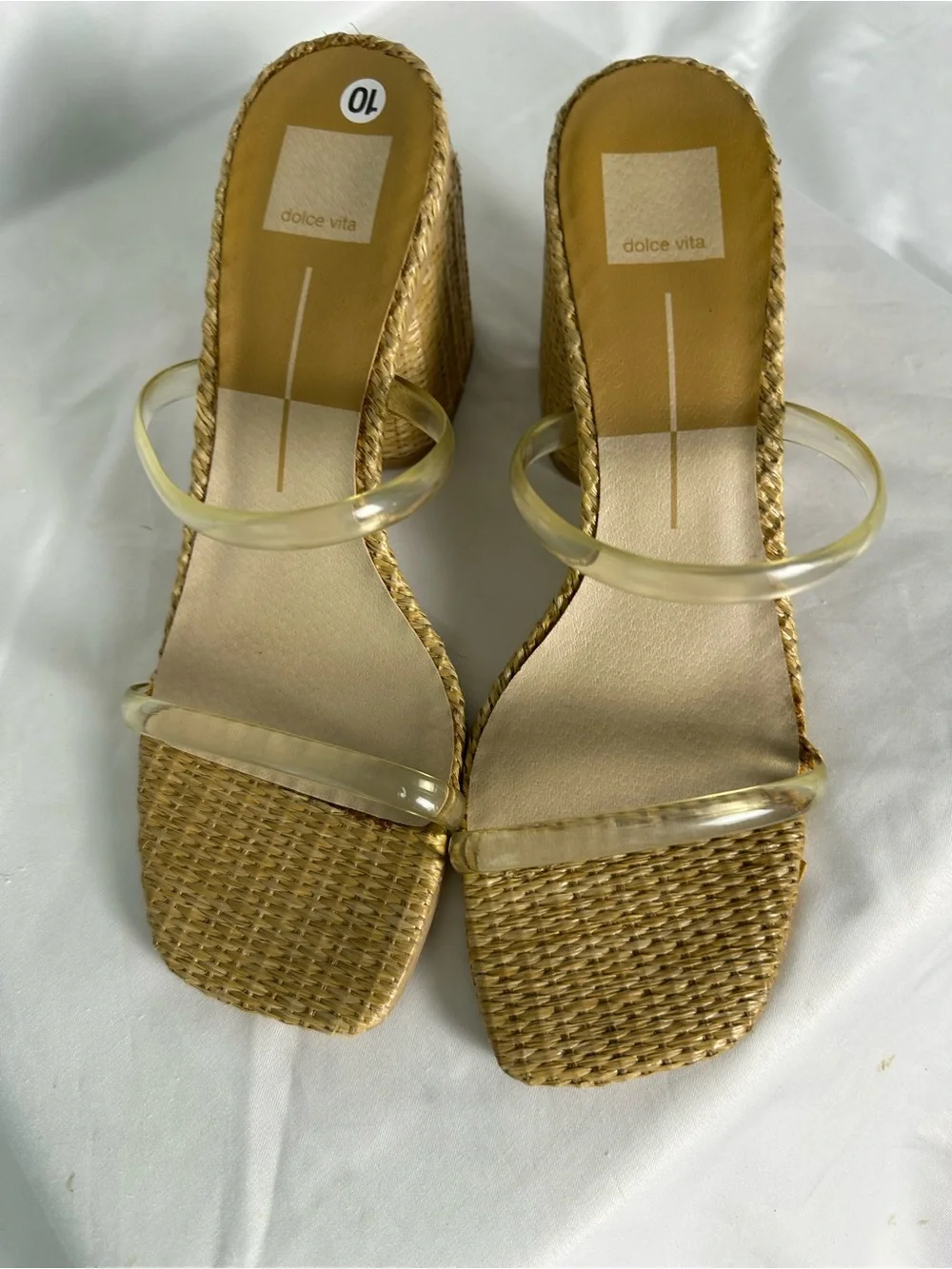 Title EN  Dolce Vita Clear Strap Block Heel Mules Women’s US 10 Natural Raffia